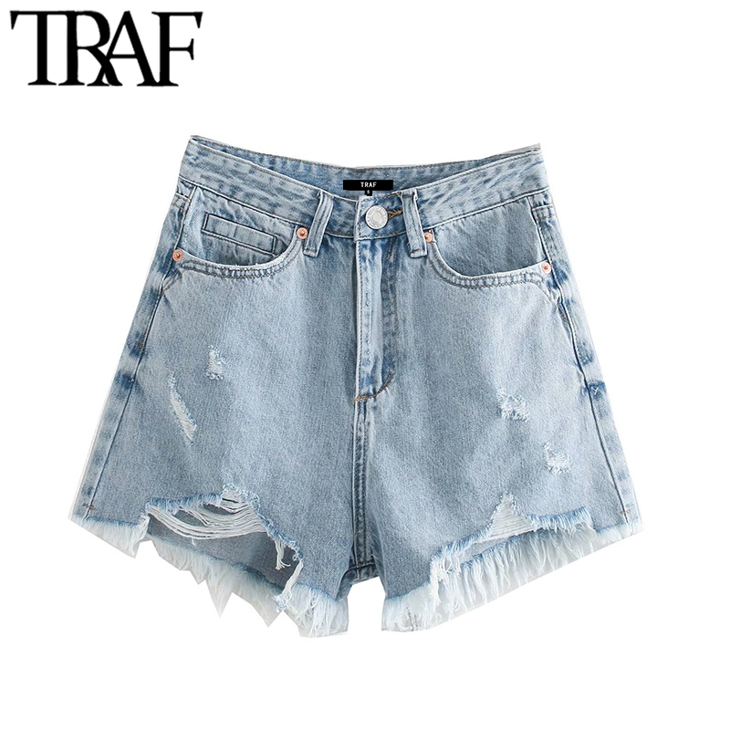 

TRAF Women Chic Fashion Pockets Frayed Hem Ripped Denim Shorts Vintage High Waist Zipper Fly Female Short Jeans Mujer, As picture