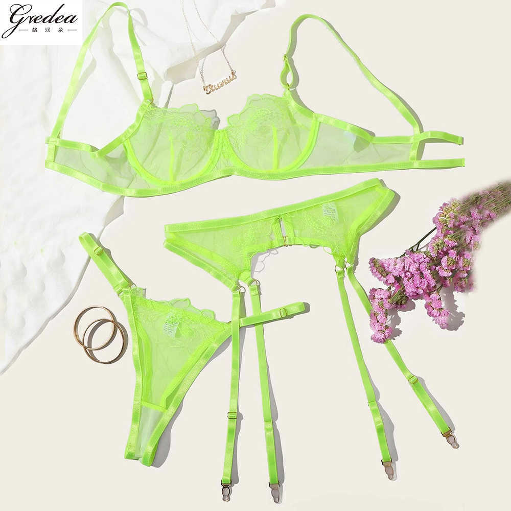 

Sexy Summer Thin Fluorescent Green Women's Erotic Lingerie Mesh See-through Underwear Underwire Gathered Bra Thong Garter Set Y0911