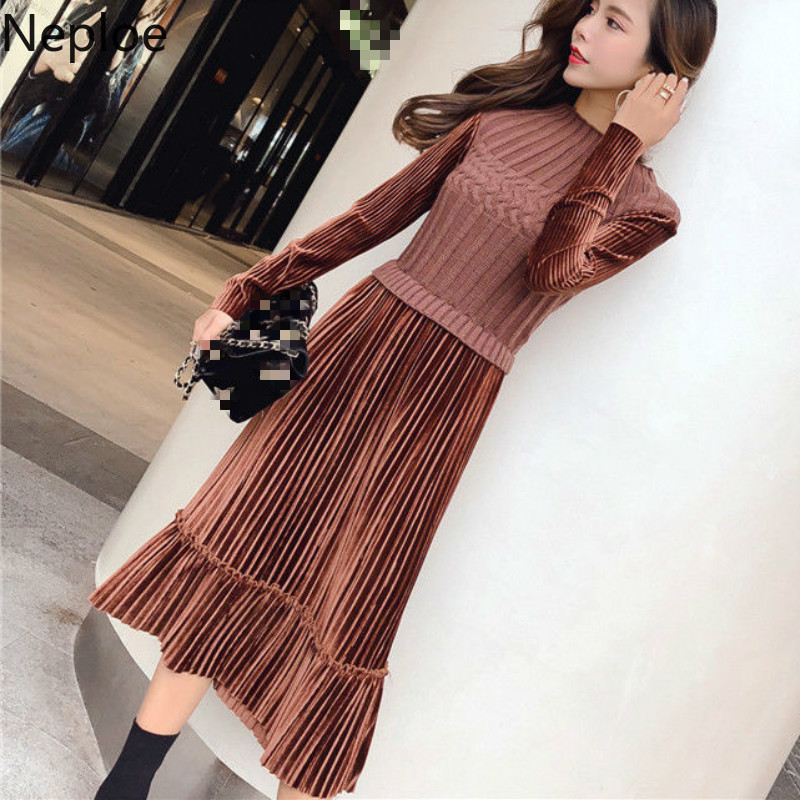 

Neploe Stand Collar High Waist Hip Vestido Solid Patchwork Fake Two Pcs Knit Long Sleeve Dress Autumn Spring Pleat Ropa 47997, Apricot