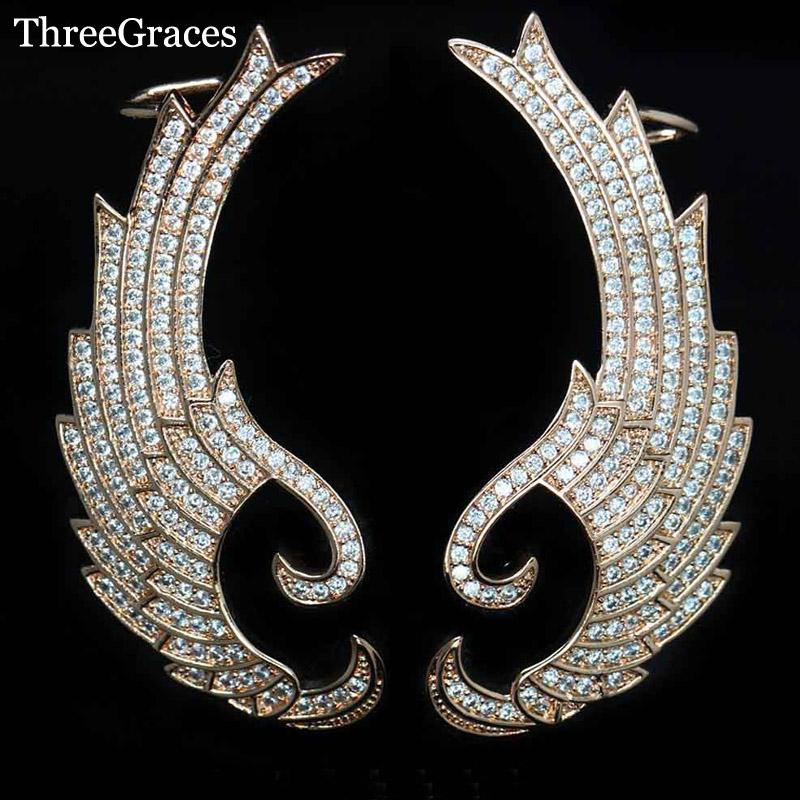 

Stud ThreeGraces Punk Style Rose Gold Color Micro Pave Luxury Cubic Zirconia Stone Big Ear Cuff Earrings For Women ER210, Golden;silver