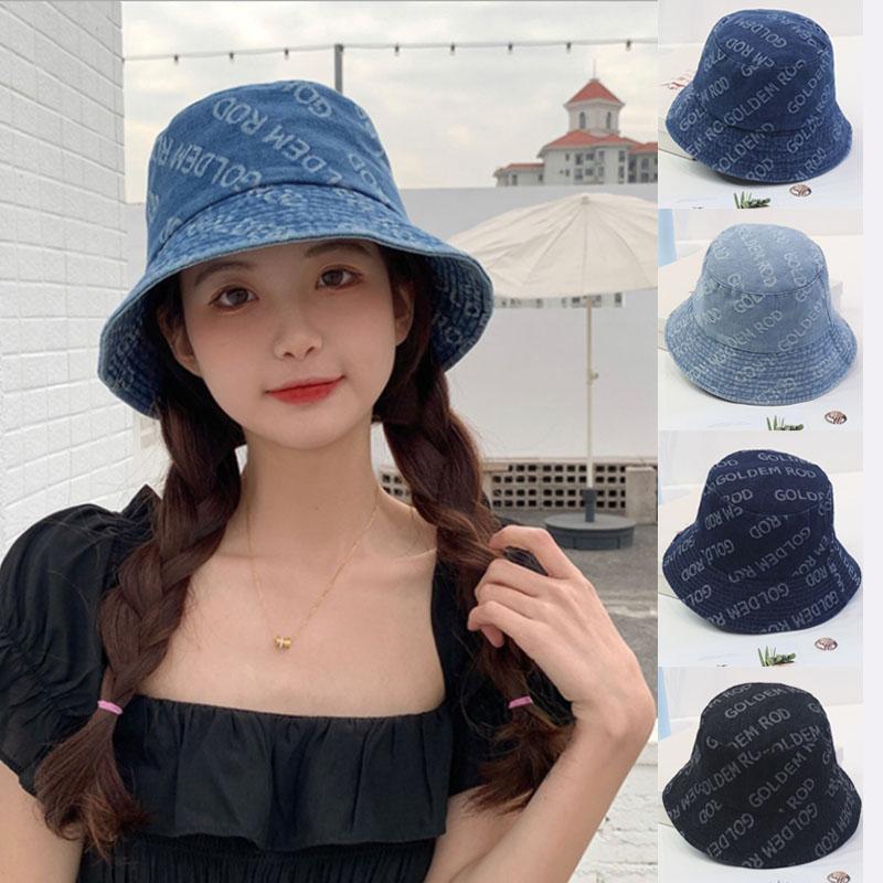 

Wide Brim Hats 2021 Washed Denim Bucket Hat Ladies Letter Print Vintage Panama Shading Sunscreen Fisherman Cap Men Gorras, Black