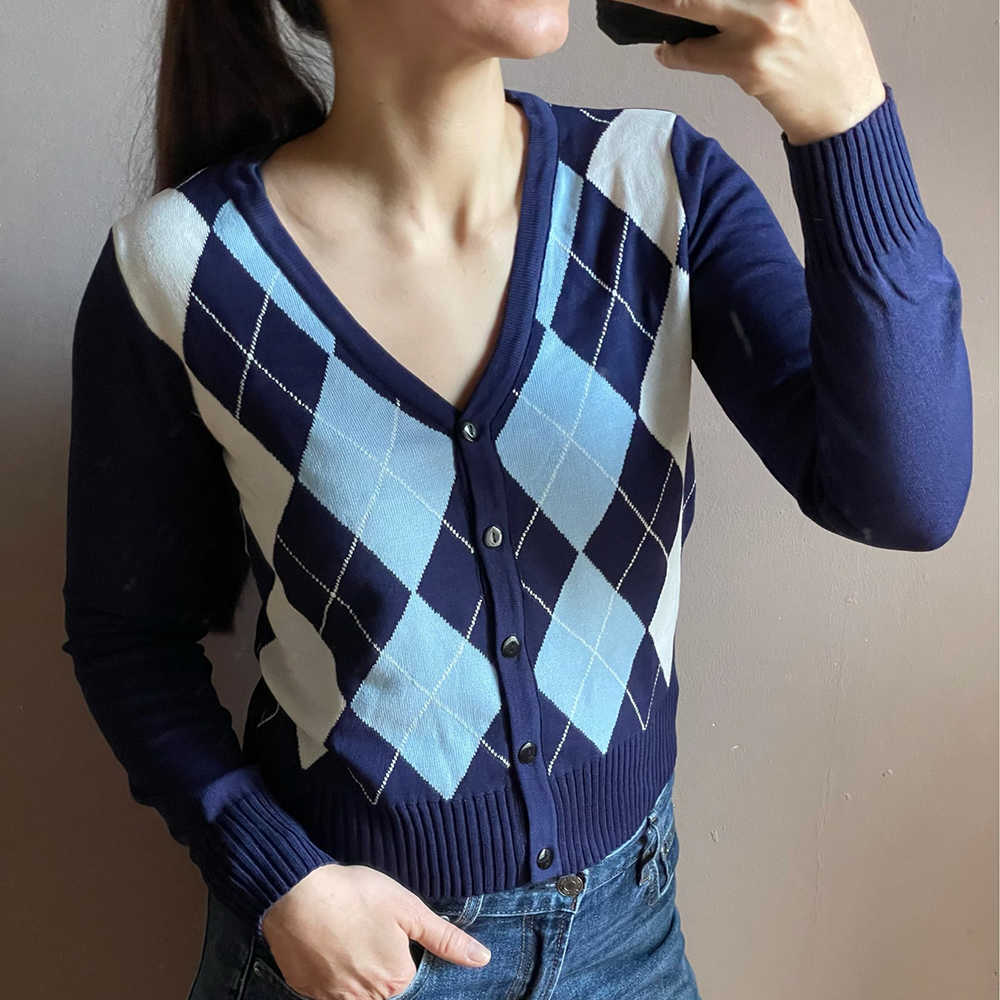 

Shintimes Short Women Sweater Argyle Button Cardigans Fall Winter Fashion Long Sleeve Knitted V-Neck High Elastic 210615, Blue