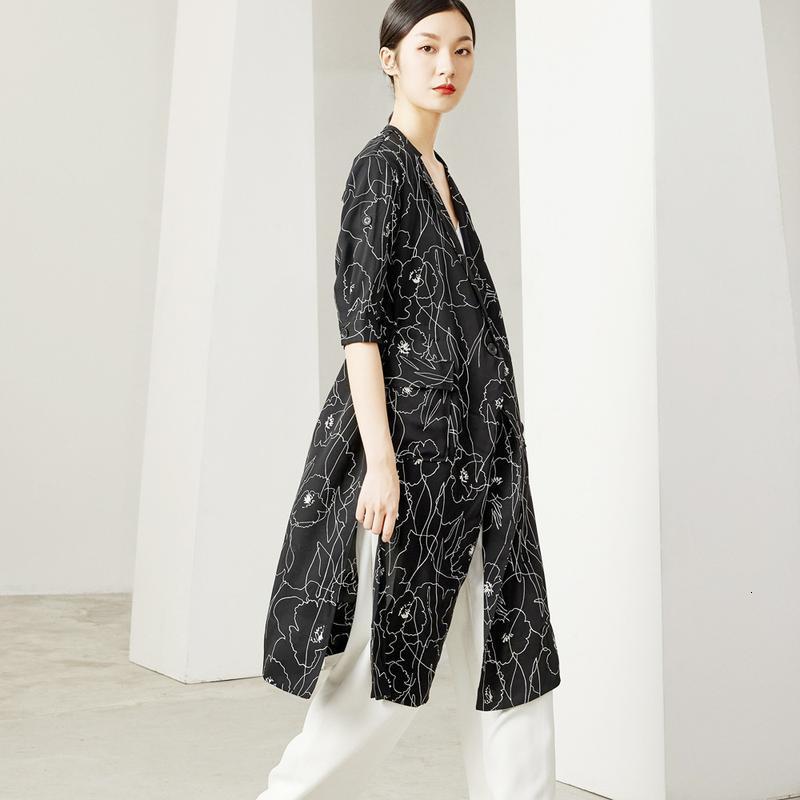 

Women' Trench Coats Original Design Line Print Duo Suit Collar Black Split Long Windbreaker Coat 2021 Spring Women' Wear Trench, As pic