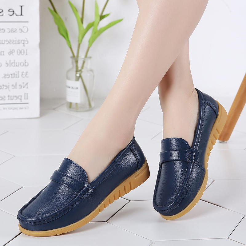 

Dress Shoes Women Split Leather Middle-aged Mother Female Slip On Casual Flat Soft Work Plus Size 44 Moccasins HZWU, Beige