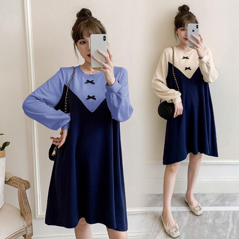 

Maternity Dresses 2690# Clothes O Neck Cotton Spring Autumn Long Sleeves Loose Stylish Dress Pregnant Women Mom, Sky blue