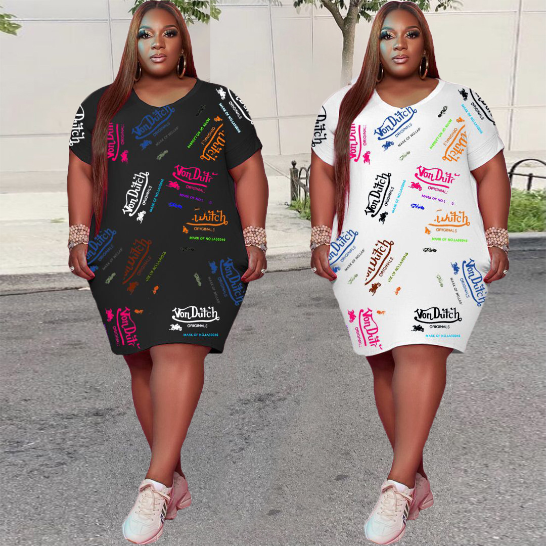

2 Colors Womens Dresses Printing Short Sleeve Loose Dress Summer Casual Streetwear Fashion Plus Size Clothing, Black;gray