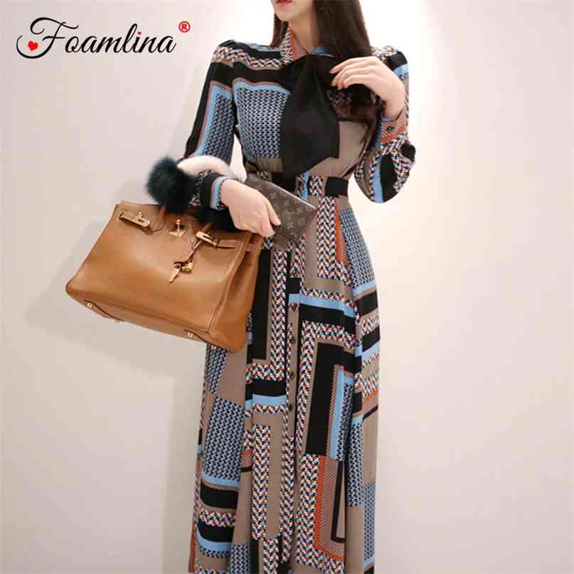 

Women Vintage Long Dress Spring Fashion Bowtie Ribbon Sleeve Geometric Print Buttons A-line Party Shirt 210603, As picture