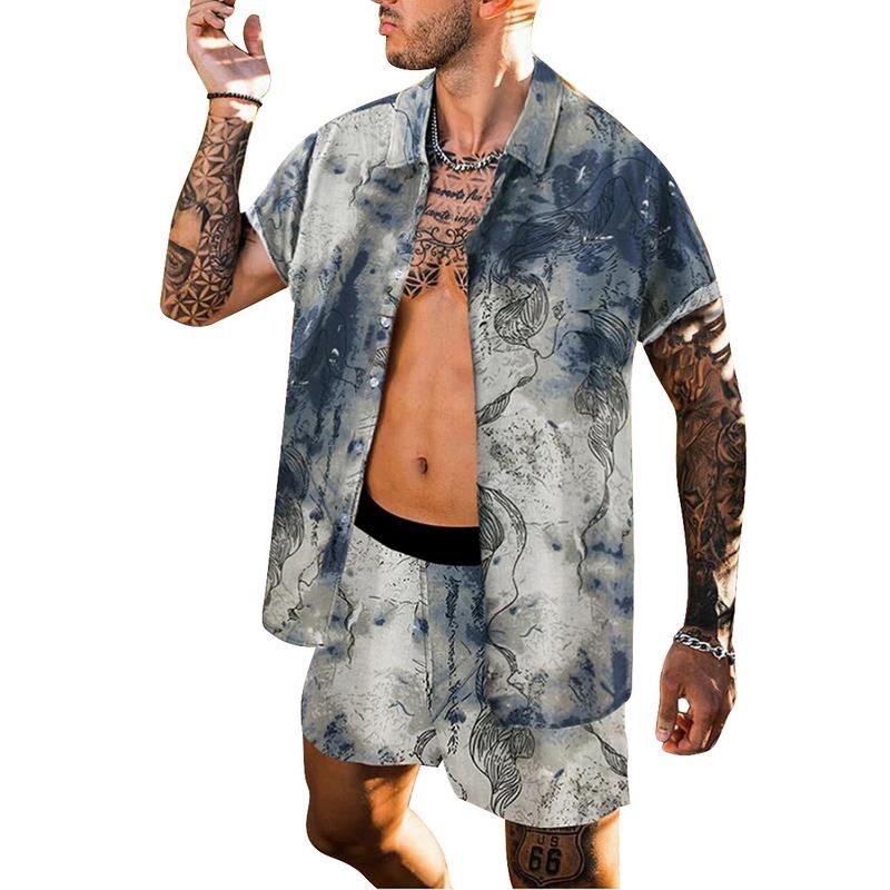 

Men Hawaiian Sets Printing 2021 Summer Short Sleeve Button Shirt Beach Shorts Streetwear Casual Mens Suit 2 Pieces Men' Shirts, A-05