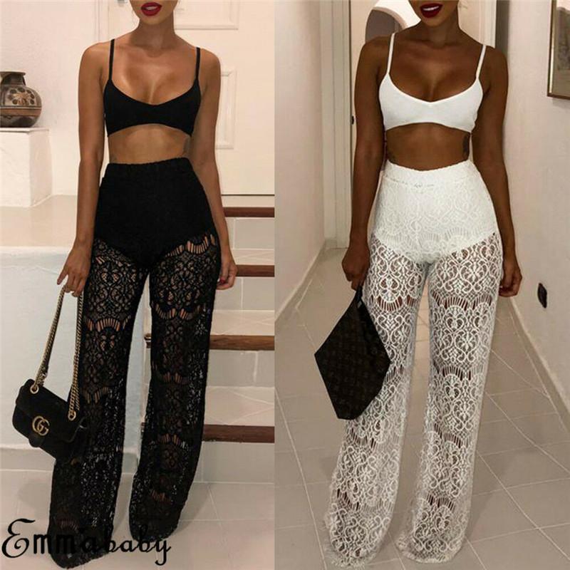 

Sexy Women' Ladies Sheer Floral Lace Pants Beach Clothing Cover Up Trousers Women High Waist Hollow Out Long Lady Clothes & Capris, Blue