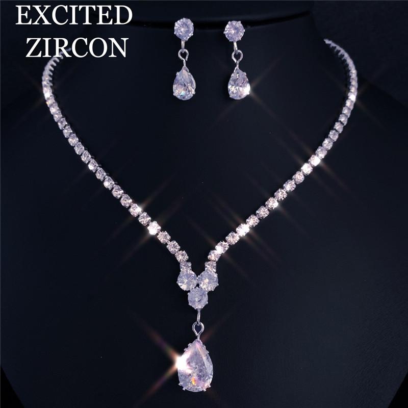 

Earrings & Necklace Exquisite Crystal Bridal Jewelry Set Rhinestone Water Drop Women Wedding Attending Party Banquet, Silver