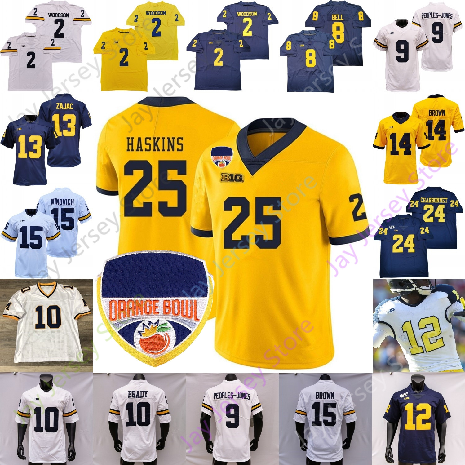 

Orange Bowl Michigan Wolverines Football Jersey NCAA College Tom Brady Charles Woodson Hassan Haskins Cade McNamara Aidan Hutchinson David Ojabo Ross Hill Johnson, White iii