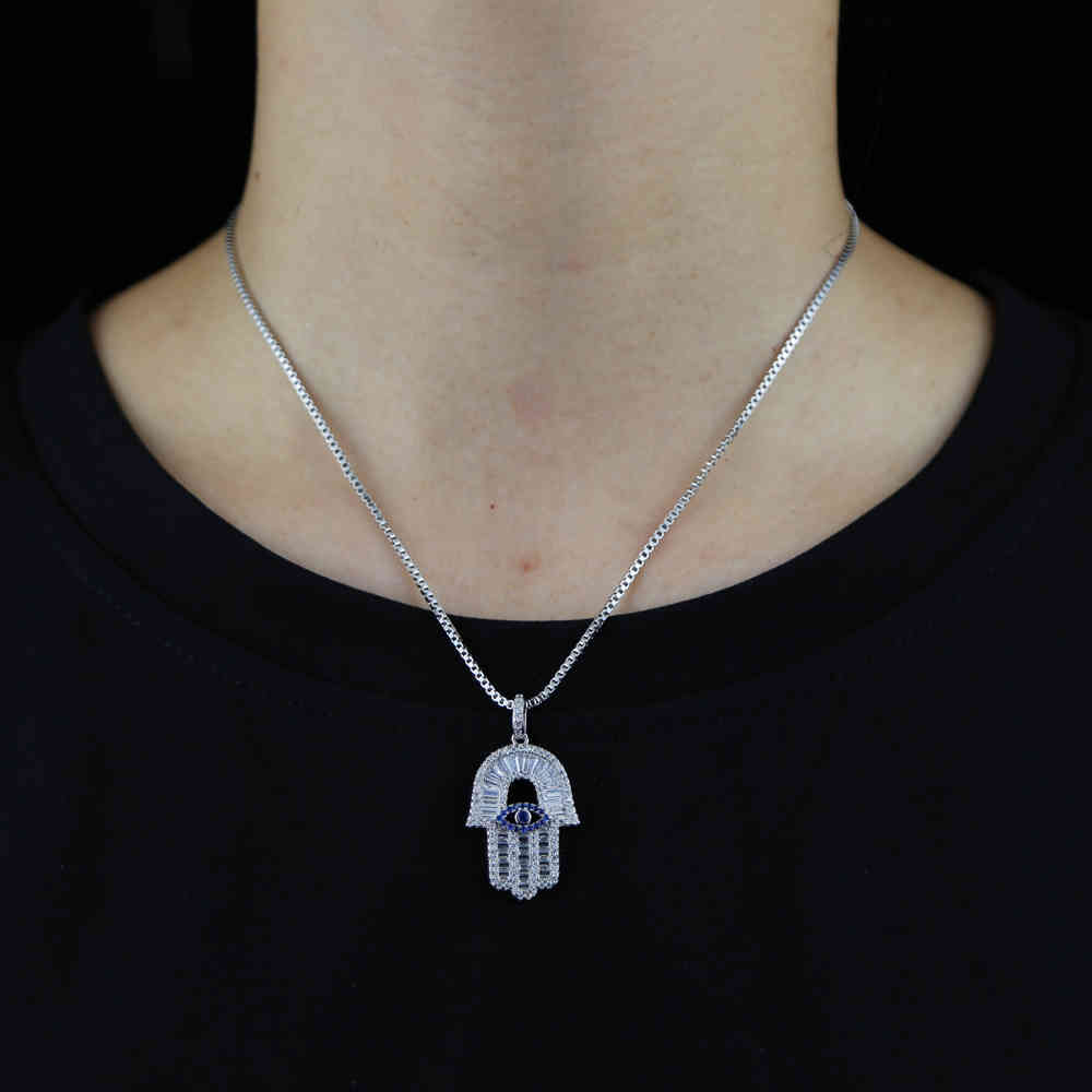 

Sapphires cz Turkish Crystal Evil Eye Hand Hamsa Pendant Necklace Women gold silver Color Jewelry Hollow Out Clavicle Link Chain