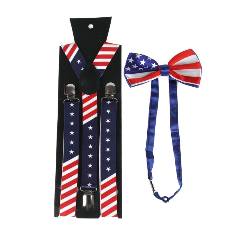 

Unisex American US Flag Y-Back Suspender Pre-Tied Bow Tie Set Star Striped Print D08E, Black;blue