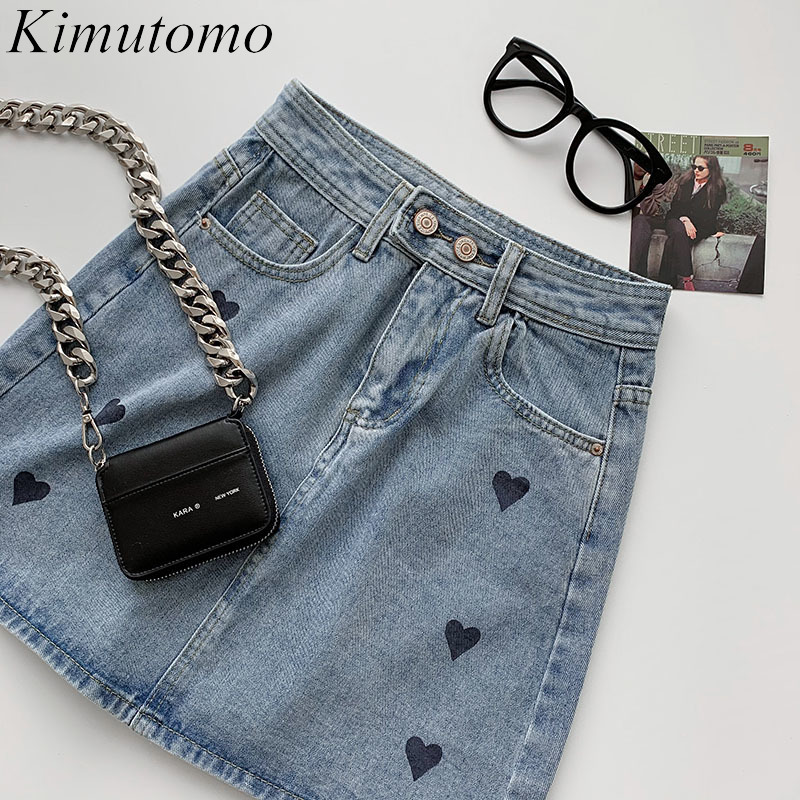 

Kimutomo Heart Print Denim Skirt Spring Summer Korean High Waist Elegant Sexy Fashion Solid Pockets Mini Skirts Casual 210521, Blue