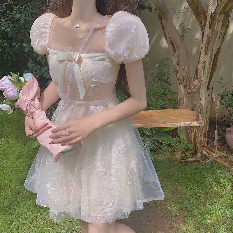 

Sweet Puff Sleeve Kawaii Dres Summer Mesh Square Collar Designer Mini Vintage Party Casual Korean Style 210604, Sequins dress