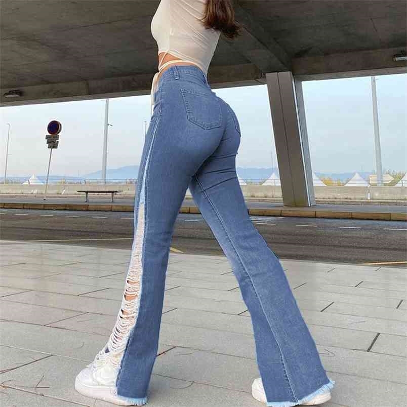 

Skinny Y2K Flare Jeans For Girls Ripped Denim Pants Female Fashion Women's Vintage High Waisted Trouser Harajuku Capris 210708, Blue jeans