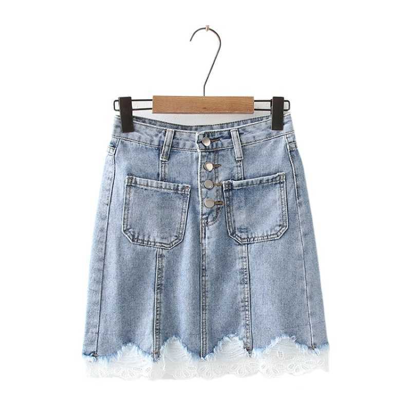 

Solid High Waist Lace Patchwork Straight Women Mini Denim Skirts Summer Korean Fashion Ladies Basic Pockets Jeans Bottoms 210526, Sky blue