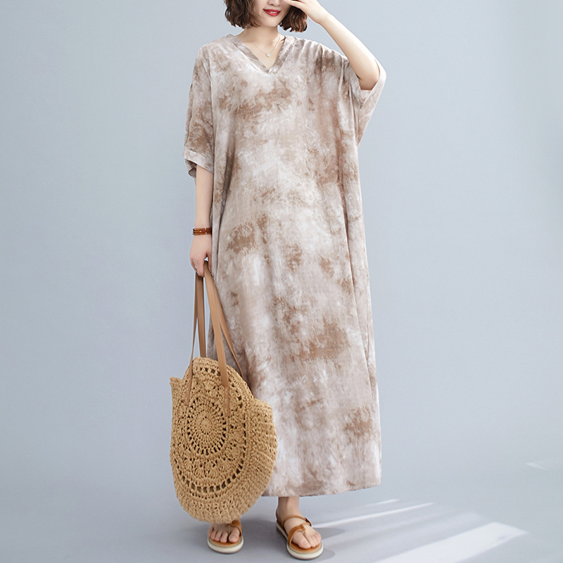 

Johnature Summer Retro Print Flower V-Neck Dress Loose Comfortable Half Sleeve Plus Size Women Vintage Casual Dresses 210521, Brown