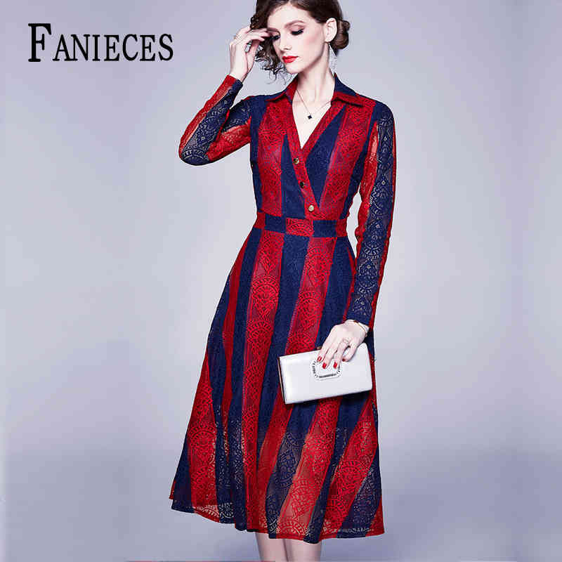 

Summer Autumn Lace Dress Runway Fashion Long Sleeve red blue Striped vestidos office lady Turn-Down Collar Midi Elegant Dresses 210520