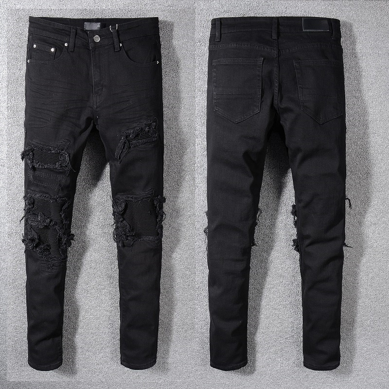 

Hip-hop Jeans Torn Fold Stitching Men's Designer Motorcycle Riding Zipper Ripped Biker Trousers, As pic