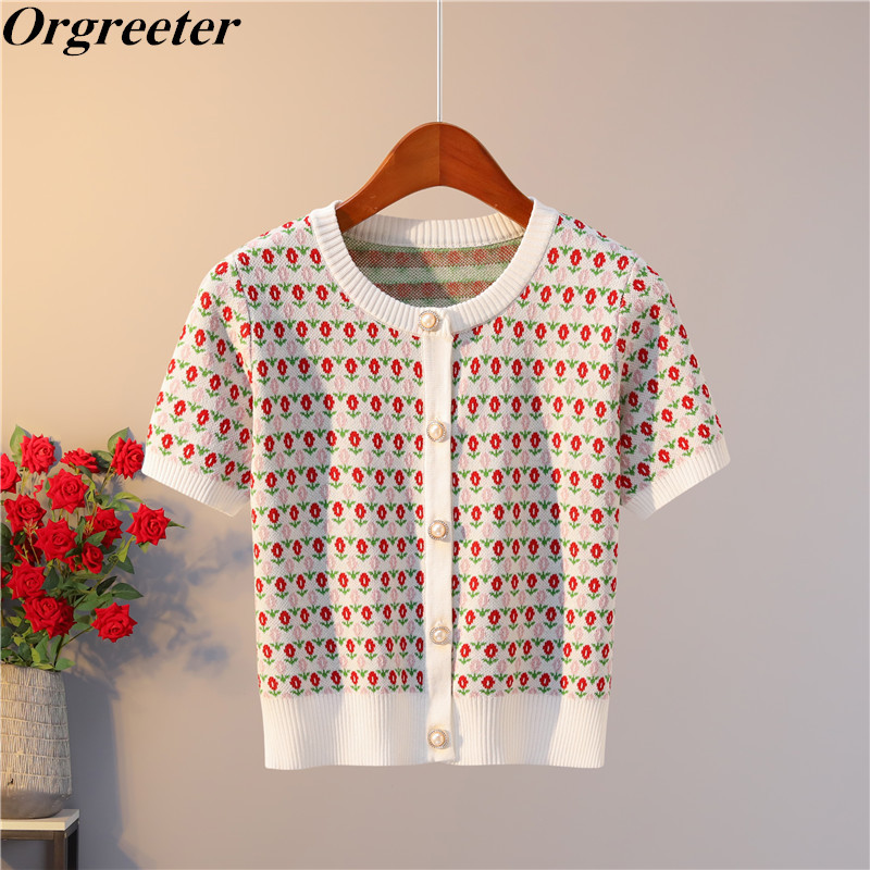 

Jacquard Knit Cardigan Floral Thin Summer Women' Tops Pearl button Contrast color Single-breasted Knitwear 210525, Multi