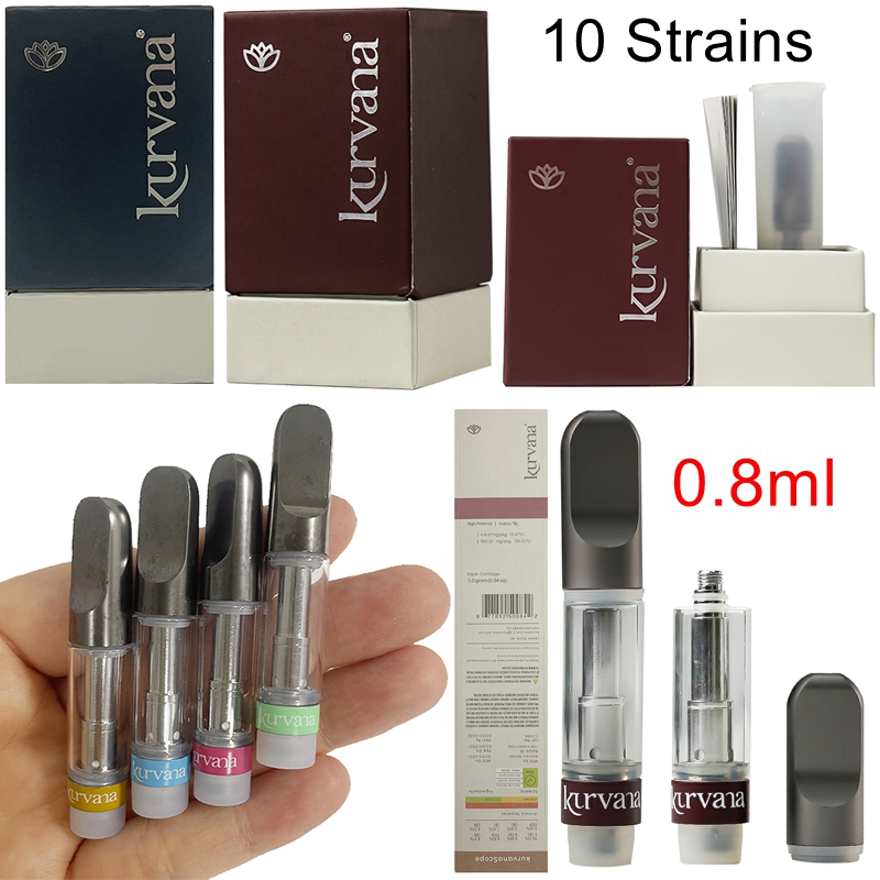 

10 Strains KURVANA Atomizers Empty Vape Pen Cartridges Packaging 0.8ml Ceramic Coil Glass Tank Oil Carts Vaporizer 510 Thread E Cigarettes