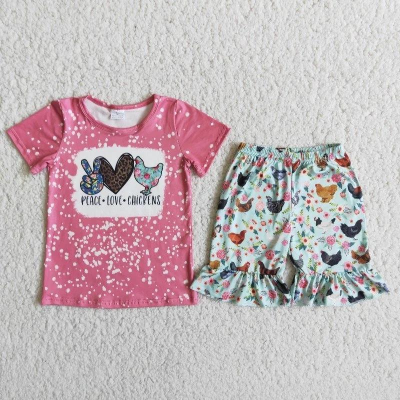 

Clothing Sets Wholesale Children Summer Baby Girl Pink Tie-dye Peace Love Chickens Shirt Ruffle Flower Shorts Kids Boutique Outfit, As picture