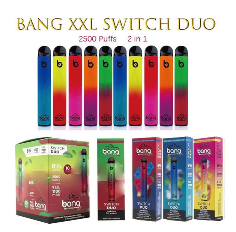 

Bang XXL Switch Duo Disposable cigarettes 2in1 2500 puffs 7ml 1100mAh 6% Oil Pods 8 colors Vs Aokit cube 2 Dazzle AIR BAR MAX PUFF Plus