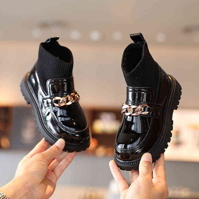 

Girls Leather Boots Flying Woven Stitching Princess Boots Kids Leather Soft Sole Boots Shoes Chic Casual Sweet 211108, Black