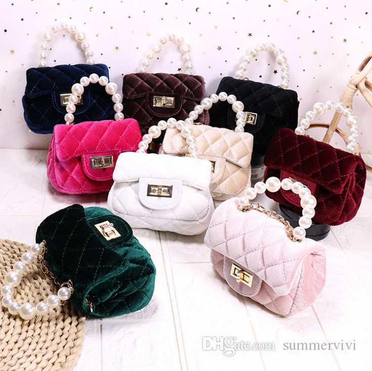 

Designer kids diamond pleuche handbags girls pearls chain crossbody bag princess children accessories mini single lipstick bags Q0817, Mix colors