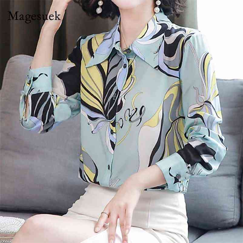 

Single-breasted Printed Blue Wild Tops Floral Long Sleeve Plus Shirts 3XL Silk Female Autumn Woman' 10721 210518, Picture