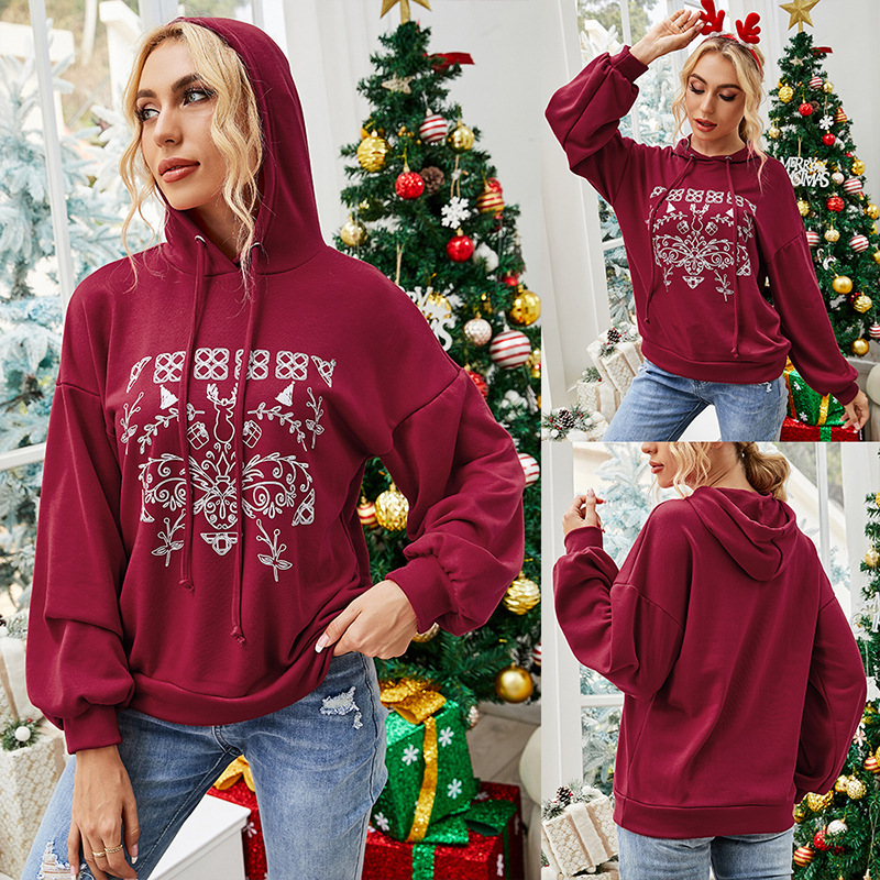 

INS Cross-Border Foreign Trade 2021 Autumn New Outerwear Top European and American Christmas Printed Long Sleeve Hooded Casual Sweaters Wome, Wine red