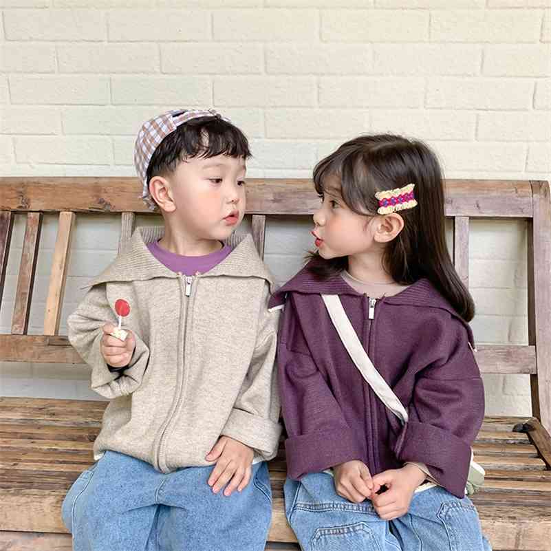 

Boys and Girls Autumn winter style knitted big turn-down collar sweaters Children loose zipper cardigans 210708, Pink