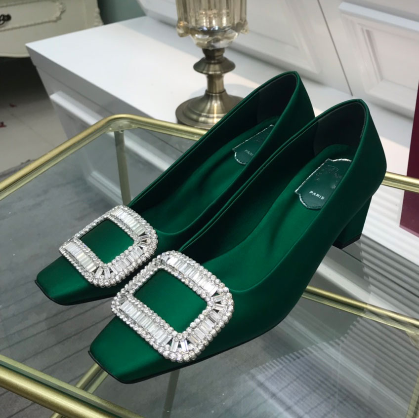 

2021 women's middle heel formal shoes square toe blue green fashion designer professional gold pink diamond decorative carving block heel rubber sole pump cover