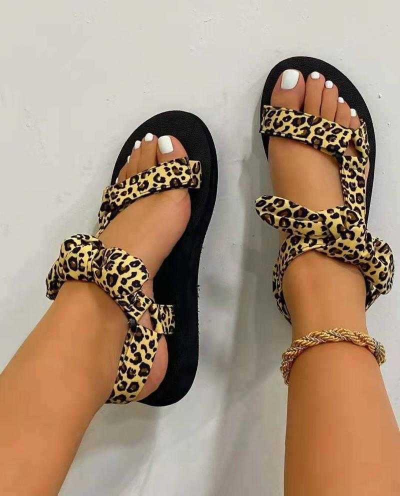 

2021 Women Sweet Sandals Leopard Solid Color Bowknot Ladies Shoes Solid Soft Flat Summer Sandals Casual Comfy Female Footwear Y0721, Black