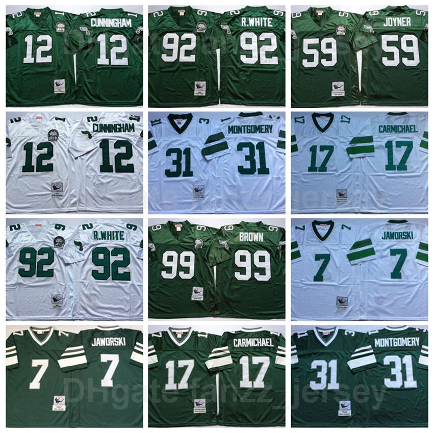 

NCAA Retro Football Vintage 31 Wilbert Montgomery Jersey 12 Randall Cunningham 92 Reggie White 17 Harold Carmichael 59 Seth Joyner All Stitched Green, 17 green
