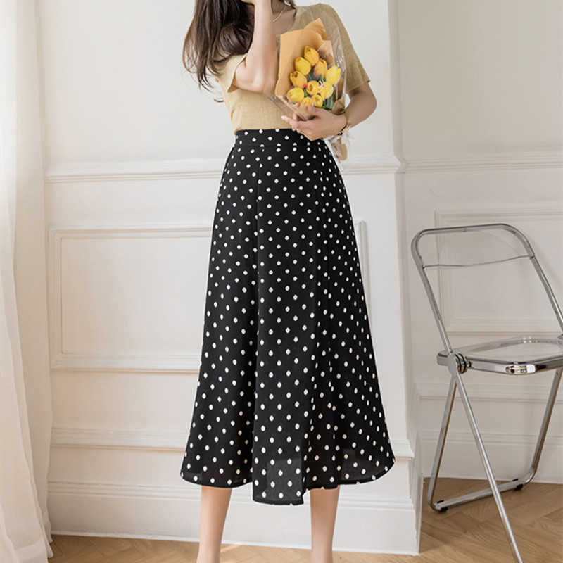

Korean Fashion Skirts High-waisted Dot Woman Summer Solid Mid-calf Sexy Women Print Clothing Black for Female 210604, Blue