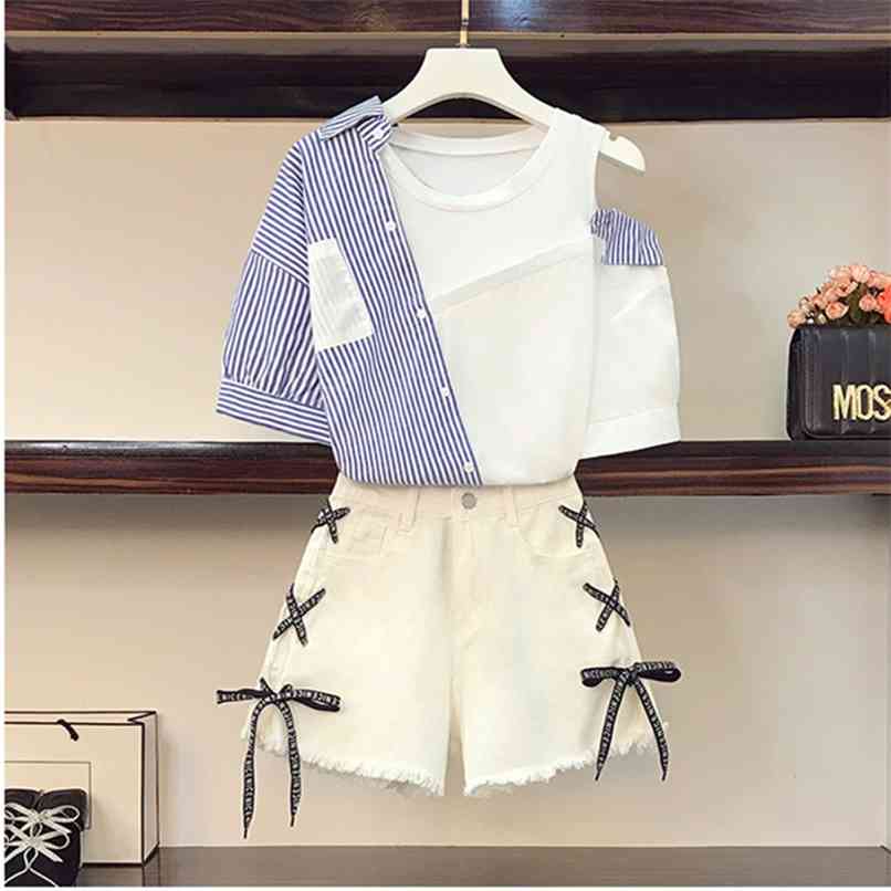 

Sweet Korean Strapless Striped Tops and White Cross strap fringed denim shorts Two piece set Women High Quality Plus Size Sets 210602, Only shorts