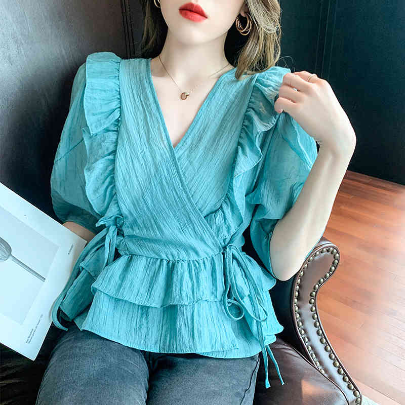 

Women' Knits & Tees Fluffy Ruffles Half Sleeved V Neck Chiffon Blouses Draw Strings Casual A-line Crepe Pull-over Top Blue White