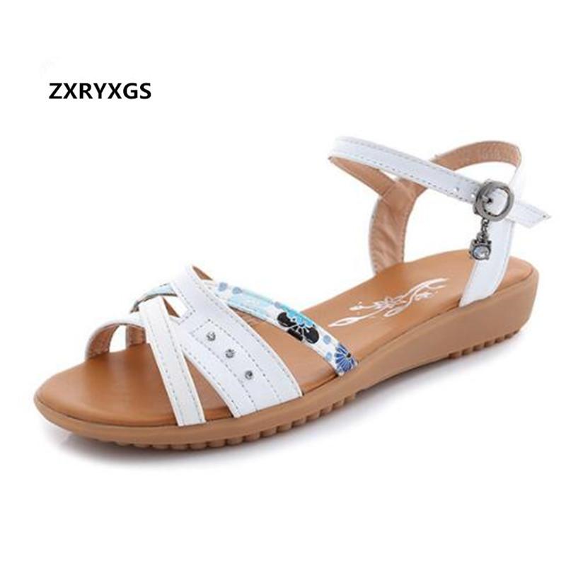 

Large Size Summer Soft Genuine Leather Sandals Women Shoes Flat Non-slip Bottom Cool Open Woman, Black