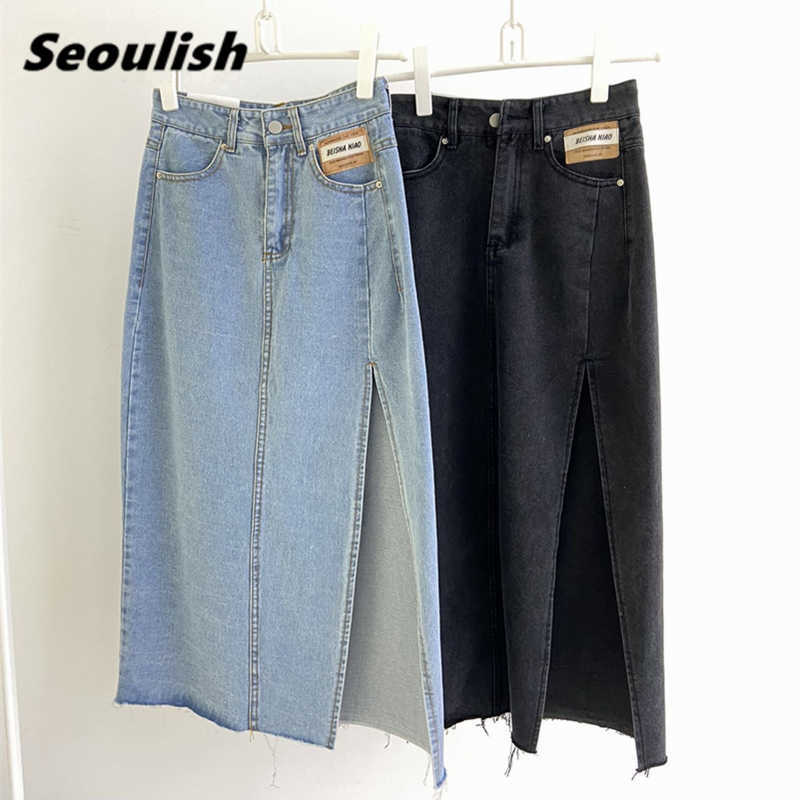 

Seoulish Summer Women' Long Denim Skirt Vintage High Wasit Jeans Skirt Female Straight Side Split A-line Pencil Skirts 210708, Black