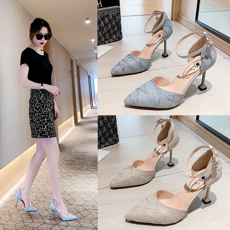 

Dress Shoes 2021 Korean Fashion Sexy Comfortable High Heels Pointed Wild Sequins Ladies Zapatos, Beige