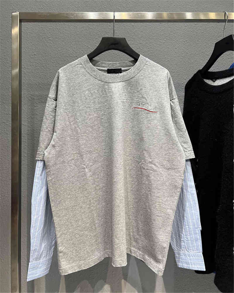 

Men's Casual Shirts 22ss front and rear Cola wave embroidered OS couple Paris fake two-piece splicing long t 87F7, Flower ash