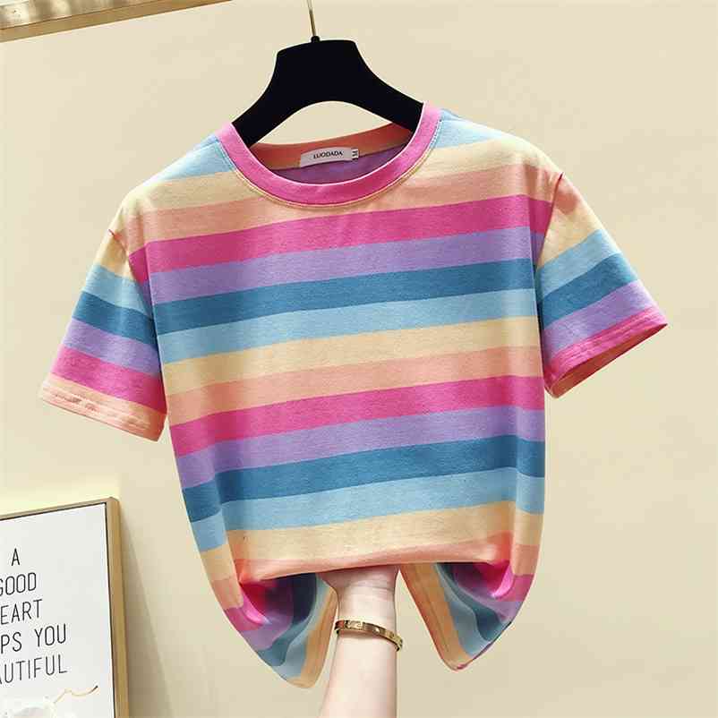 

Summer Women Short Sleeves Colorful Stripe Cotton T-Shirt Girls Casual Pullover Tee Tops A1590 210519, Beige