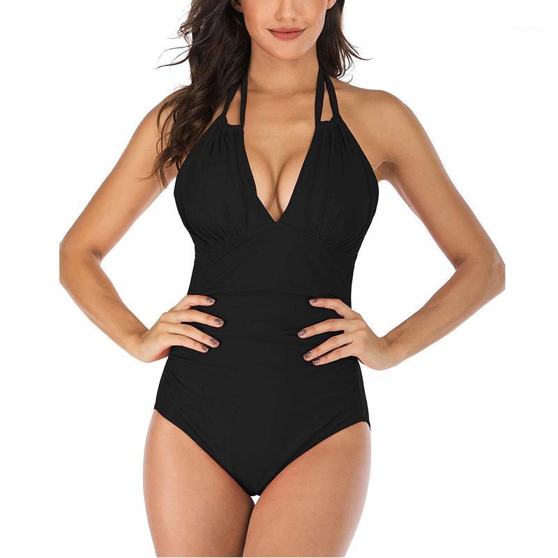 

Women' Swimwear Tummy Control Black Halter One Piece Swimsuit Ruched Padded Bathing Suits For Women Slimming V Neck Bikini 2021, Bk