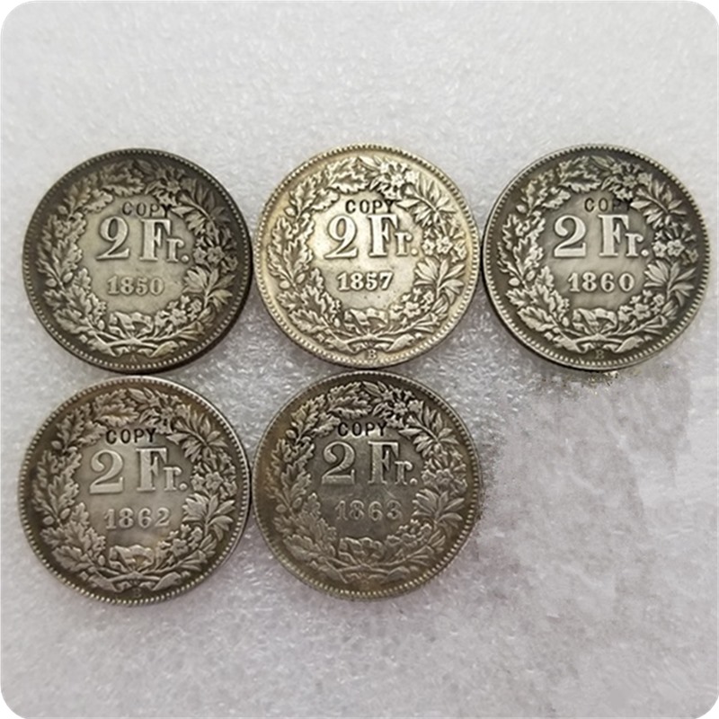 

1850A,1857B,1860B,1862B,1863B Switzerland 2 Francs COINS COPY