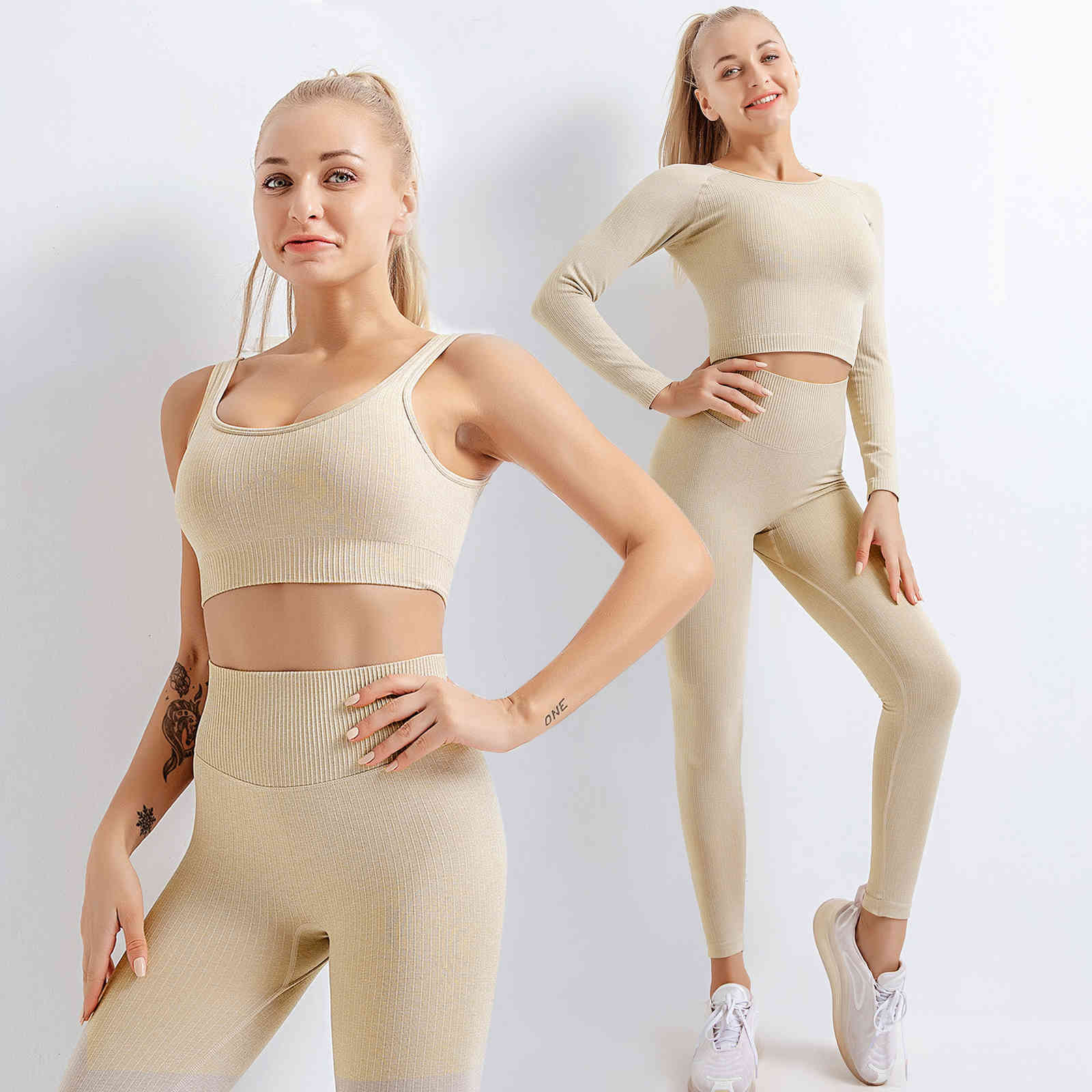 

tracksuits sport suit seamless knitting yoga solid vertical bar fitness sportswear female, Gray