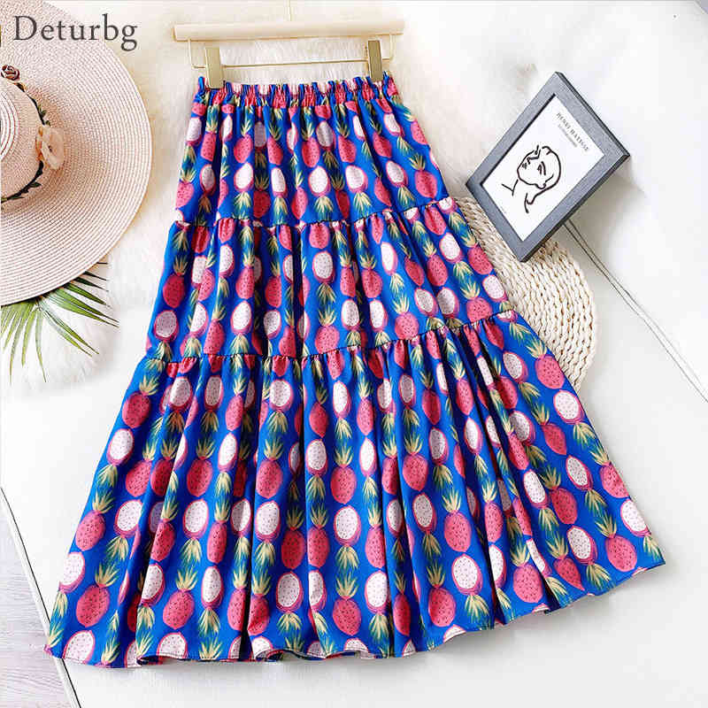 

Casual Dresses Women's Sweet Fruit Print Midi Long Skirt Korean Female High Waist Pleated Blue Beach A-Line Skirts Faldas 2021 Sum