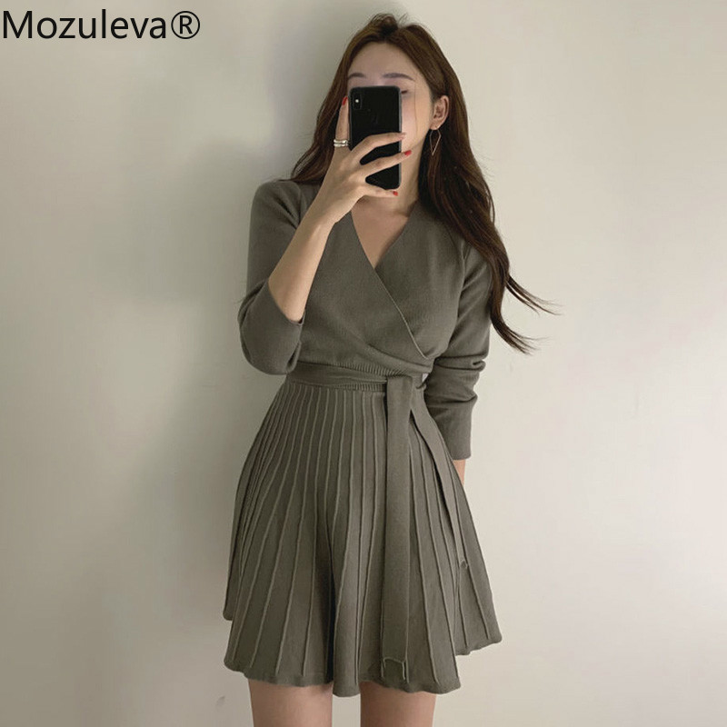 

Mozuleva Stylish V-neck Lace Up Knitted Dress Women Full Sleeve Office Ladies A Line Sweater Dress Female Knitting Vestidos, Black