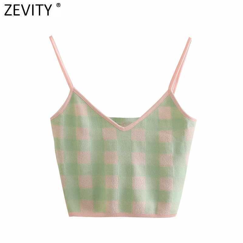 

Zevity Women Swee Plaid Print Short Knitting Sling Sweater Female Spaghetti Strap V Neck Vest Chic Summer Crop Tops SW718 210603, As pic sw718bb